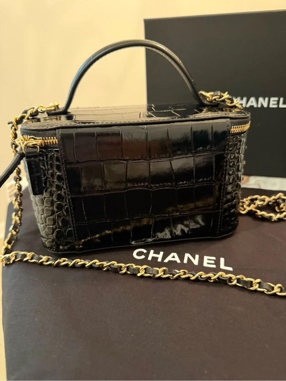 CHANEL Black Croc-Embossed Vanity Box Bag with Gold Hardware new with box
